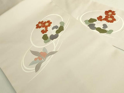 平和屋着物●極上　塩瀬　九寸名古屋帯　駒刺繍　草花文　薄い鴇鼠色地　金彩　反端付き　逸品　DZAB9113kh6