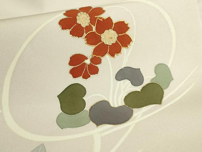 平和屋着物●極上　塩瀬　九寸名古屋帯　駒刺繍　草花文　薄い鴇鼠色地　金彩　反端付き　逸品　DZAB9113kh6
