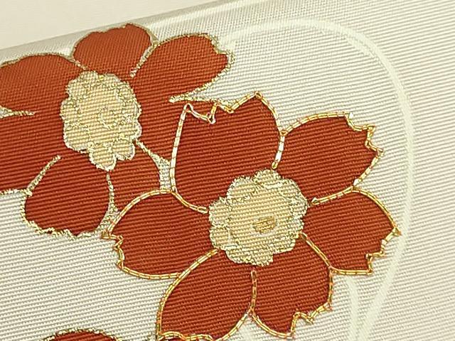平和屋着物●極上　塩瀬　九寸名古屋帯　駒刺繍　草花文　薄い鴇鼠色地　金彩　反端付き　逸品　DZAB9113kh6
