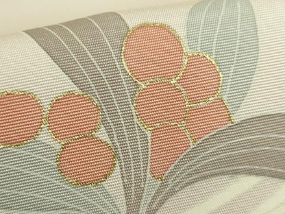平和屋着物●極上　塩瀬　九寸名古屋帯　駒刺繍　草花文　薄い鴇鼠色地　金彩　反端付き　逸品　DZAB9113kh6