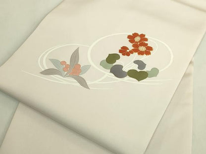 平和屋着物●極上　塩瀬　九寸名古屋帯　駒刺繍　草花文　薄い鴇鼠色地　金彩　反端付き　逸品　DZAB9113kh6