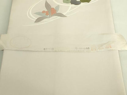 平和屋着物●極上　塩瀬　九寸名古屋帯　駒刺繍　草花文　薄い鴇鼠色地　金彩　反端付き　逸品　DZAB9113kh6