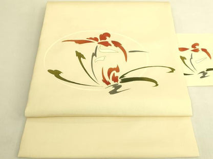 平和屋着物●極上　塩瀬　九寸名古屋帯　刺繍　草花文　蒸栗色地　金彩　逸品　未使用　DZAB9118kh6