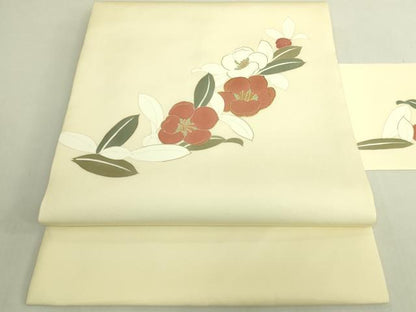 平和屋着物●極上　京の名門　友禅　染の北川　塩瀬　九寸名古屋帯　駒刺繍　椿　宮腰織物　金彩　反端付き　逸品　未使用　DZAB9122kh6