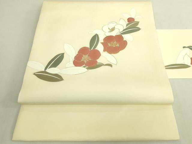 平和屋着物●極上　京の名門　友禅　染の北川　塩瀬　九寸名古屋帯　駒刺繍　椿　宮腰織物　金彩　反端付き　逸品　未使用　DZAB9122kh6