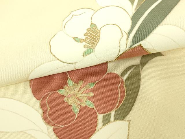 平和屋着物●極上　京の名門　友禅　染の北川　塩瀬　九寸名古屋帯　駒刺繍　椿　宮腰織物　金彩　反端付き　逸品　未使用　DZAB9122kh6