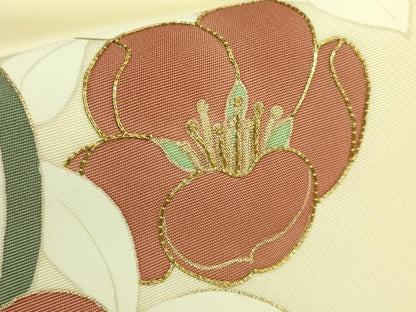 平和屋着物●極上　京の名門　友禅　染の北川　塩瀬　九寸名古屋帯　駒刺繍　椿　宮腰織物　金彩　反端付き　逸品　未使用　DZAB9122kh6