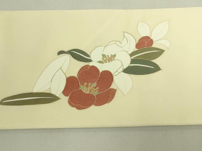 平和屋着物●極上　京の名門　友禅　染の北川　塩瀬　九寸名古屋帯　駒刺繍　椿　宮腰織物　金彩　反端付き　逸品　未使用　DZAB9122kh6