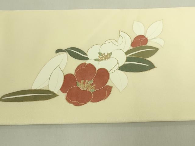 平和屋着物●極上　京の名門　友禅　染の北川　塩瀬　九寸名古屋帯　駒刺繍　椿　宮腰織物　金彩　反端付き　逸品　未使用　DZAB9122kh6