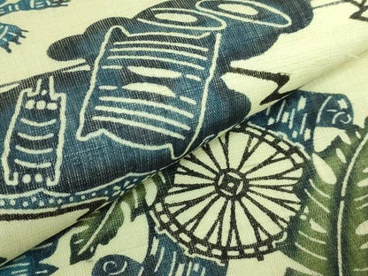 平和屋本店＊最高級　夏物　城間栄順　本場琉球紅型　九寸名古屋帯　藍　糸車　蝶　蜻蛉　麻　逸品　DZAB9131kh6