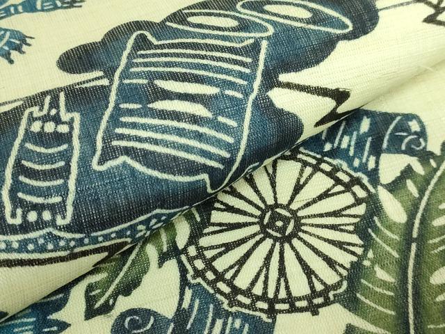 平和屋本店＊最高級　夏物　城間栄順　本場琉球紅型　九寸名古屋帯　藍　糸車　蝶　蜻蛉　麻　逸品　DZAB9131kh6