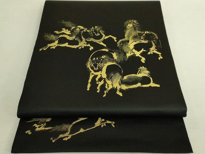 平和屋着物●極上　太鼓柄袋帯　九頭馬　黒地　金糸　図柄布付き　逸品　DZAB9137kh6