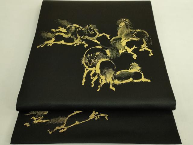 平和屋着物●極上　太鼓柄袋帯　九頭馬　黒地　金糸　図柄布付き　逸品　DZAB9137kh6