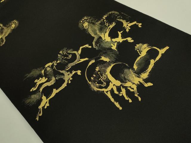 平和屋着物●極上　太鼓柄袋帯　九頭馬　黒地　金糸　図柄布付き　逸品　DZAB9137kh6