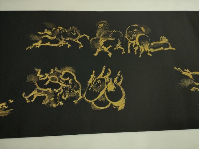 平和屋着物●極上　太鼓柄袋帯　九頭馬　黒地　金糸　図柄布付き　逸品　DZAB9137kh6