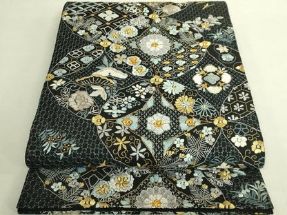 平和屋本店●最高級　中国三大刺繍　スワトウ相良刺繍　総刺繍　袋帯　七宝花蝶文　黒地　金糸　逸品　DZAB9138kh6