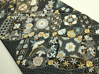 平和屋本店●最高級　中国三大刺繍　スワトウ相良刺繍　総刺繍　袋帯　七宝花蝶文　黒地　金糸　逸品　DZAB9138kh6