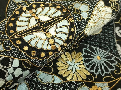 平和屋本店●最高級　中国三大刺繍　スワトウ相良刺繍　総刺繍　袋帯　七宝花蝶文　黒地　金糸　逸品　DZAB9138kh6