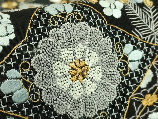 平和屋本店●最高級　中国三大刺繍　スワトウ相良刺繍　総刺繍　袋帯　七宝花蝶文　黒地　金糸　逸品　DZAB9138kh6