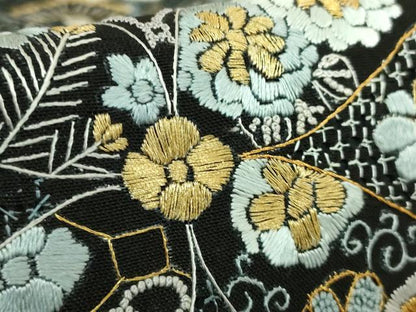 平和屋本店●最高級　中国三大刺繍　スワトウ相良刺繍　総刺繍　袋帯　七宝花蝶文　黒地　金糸　逸品　DZAB9138kh6