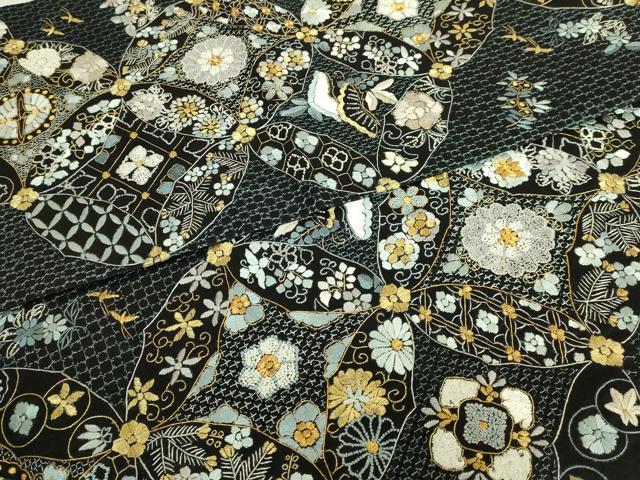 平和屋本店●最高級　中国三大刺繍　スワトウ相良刺繍　総刺繍　袋帯　七宝花蝶文　黒地　金糸　逸品　DZAB9138kh6