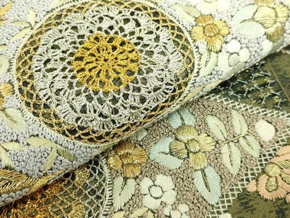 平和屋本店●最高級　中国三大刺繍　スワトウ相良刺繍　総刺繍　袋帯　草花文　菱　金糸　逸品　DZAB9143kh6