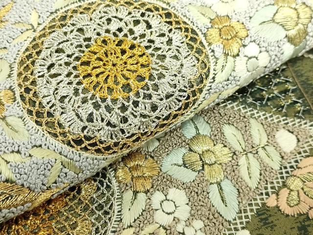 平和屋本店●最高級　中国三大刺繍　スワトウ相良刺繍　総刺繍　袋帯　草花文　菱　金糸　逸品　DZAB9143kh6
