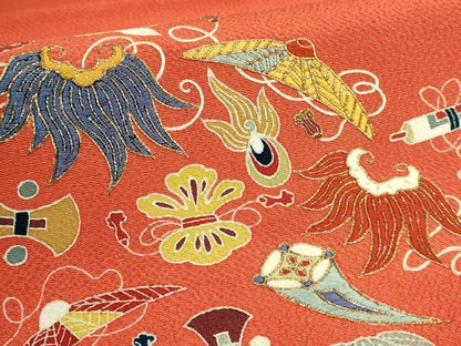 平和屋本店●極上　日本工芸会正会員　京友禅作家　清水光美　九寸開き名古屋帯　駒刺繍　宝尽くし　鬼しぼ縮緬 金赤色地 逸品 DZAB9147kh6