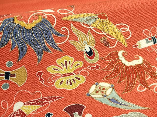 平和屋本店●極上　日本工芸会正会員　京友禅作家　清水光美　九寸開き名古屋帯　駒刺繍　宝尽くし　鬼しぼ縮緬 金赤色地 逸品 DZAB9147kh6