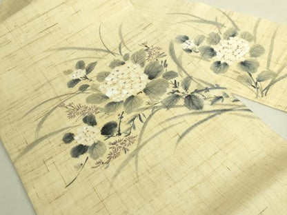 平和屋着物＊極上　夏物　九寸名古屋帯　手描き　紫陽花　麻　逸品　DZAB9181kh6