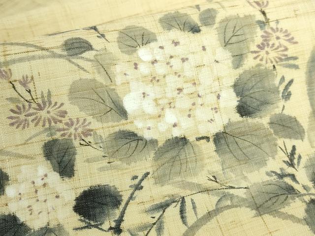平和屋着物＊極上　夏物　九寸名古屋帯　手描き　紫陽花　麻　逸品　DZAB9181kh6