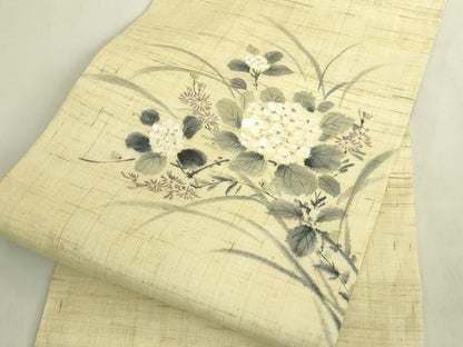平和屋着物＊極上　夏物　九寸名古屋帯　手描き　紫陽花　麻　逸品　DZAB9181kh6
