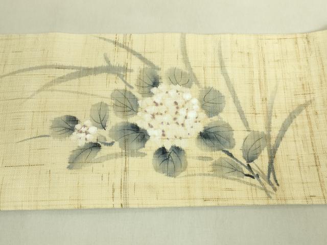 平和屋着物＊極上　夏物　九寸名古屋帯　手描き　紫陽花　麻　逸品　DZAB9181kh6