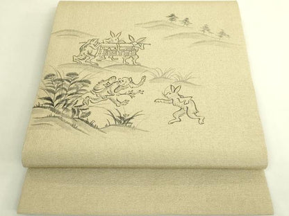 平和屋着物●極上　九寸開き名古屋帯　手描き　鳥獣戯画　縮緬地　逸品　DZAB9182kh6