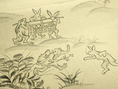 平和屋着物●極上　九寸開き名古屋帯　手描き　鳥獣戯画　縮緬地　逸品　DZAB9182kh6