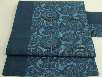 平和屋着物＊極上　夏物　九寸名古屋帯　紬地　作家物　藍　古代菊　絹麻　逸品　DZAB9183kh6
