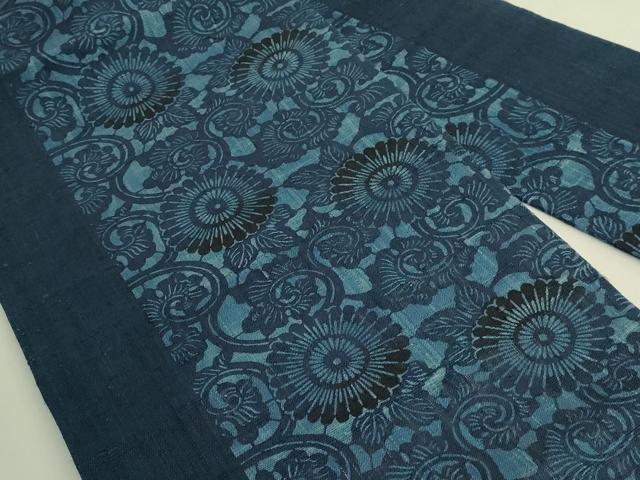 平和屋着物＊極上　夏物　九寸名古屋帯　紬地　作家物　藍　古代菊　絹麻　逸品　DZAB9183kh6