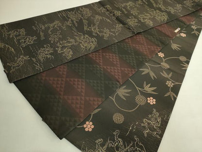 平和屋着物●極上　両面　両方向　全通柄袋帯　鳥獣戯画　笹蔓緞子　花唐草　鱗　さが美扱い　逸品　DZAB9195kh6
