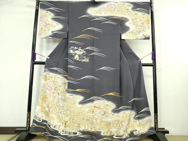 平和屋着物●極上　訪問着　背抜き仕立て　駒刺繍　水辺風景花文　青褐色地　暈し染め　金彩　逸品　DZAB9204kh6