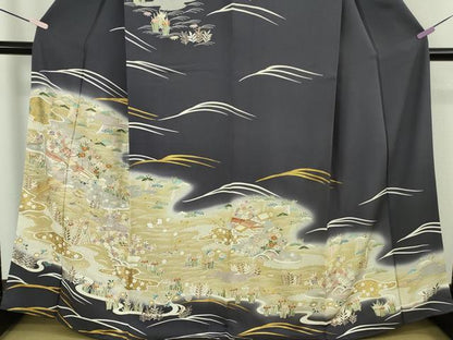 平和屋着物●極上　訪問着　背抜き仕立て　駒刺繍　水辺風景花文　青褐色地　暈し染め　金彩　逸品　DZAB9204kh6