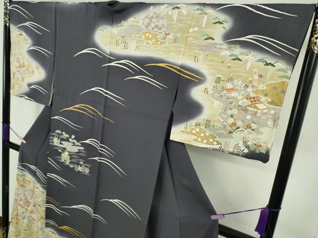 平和屋着物●極上　訪問着　背抜き仕立て　駒刺繍　水辺風景花文　青褐色地　暈し染め　金彩　逸品　DZAB9204kh6
