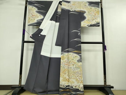 平和屋着物●極上　訪問着　背抜き仕立て　駒刺繍　水辺風景花文　青褐色地　暈し染め　金彩　逸品　DZAB9204kh6