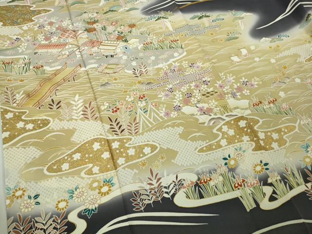 平和屋着物●極上　訪問着　背抜き仕立て　駒刺繍　水辺風景花文　青褐色地　暈し染め　金彩　逸品　DZAB9204kh6