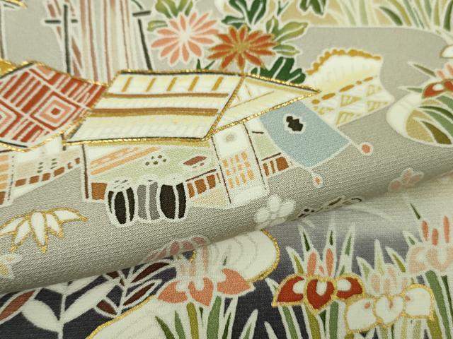 平和屋着物●極上　訪問着　背抜き仕立て　駒刺繍　水辺風景花文　青褐色地　暈し染め　金彩　逸品　DZAB9204kh6