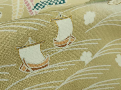 平和屋着物●極上　訪問着　背抜き仕立て　駒刺繍　水辺風景花文　青褐色地　暈し染め　金彩　逸品　DZAB9204kh6