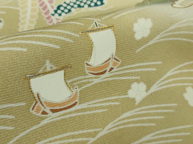 平和屋着物●極上　訪問着　背抜き仕立て　駒刺繍　水辺風景花文　青褐色地　暈し染め　金彩　逸品　DZAB9204kh6