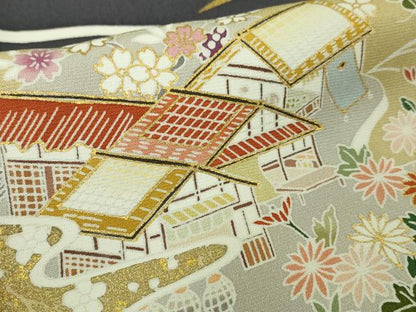 平和屋着物●極上　訪問着　背抜き仕立て　駒刺繍　水辺風景花文　青褐色地　暈し染め　金彩　逸品　DZAB9204kh6