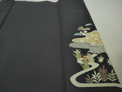 平和屋着物●極上　訪問着　背抜き仕立て　駒刺繍　水辺風景花文　青褐色地　暈し染め　金彩　逸品　DZAB9204kh6