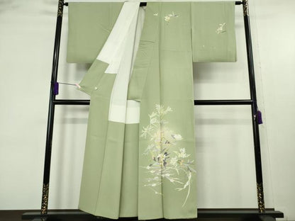 平和屋着物●極上　京加賀友禅　百貫石峰　訪問着　枝花文　若葉色地　鈴乃屋扱い　逸品　DZAB9205kh6