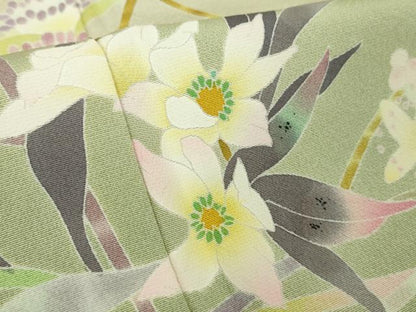 平和屋着物●極上　京加賀友禅　百貫石峰　訪問着　枝花文　若葉色地　鈴乃屋扱い　逸品　DZAB9205kh6